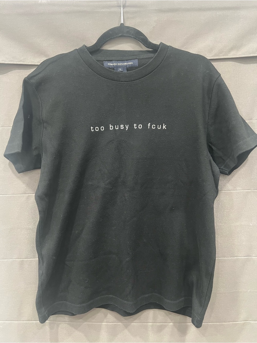 Vintage French Connection Black Short-Sleeve Tee with White Text